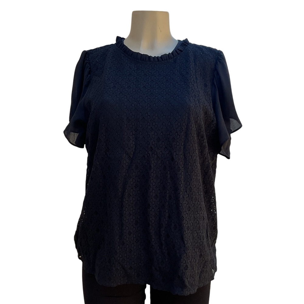 LOFT Black Lace Blouse Women L Ruffle Neck Flutter Sleeve Sheer Elegant Top